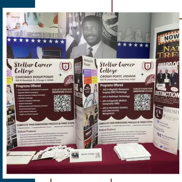 The Stellar Career College booth displaying Chicago Downtown and Crown Point, Indiana program information at the Education Fair